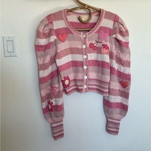 LoveShackFancy Vesper Pink Cardigan with Heart and Cherry Details Womens Small